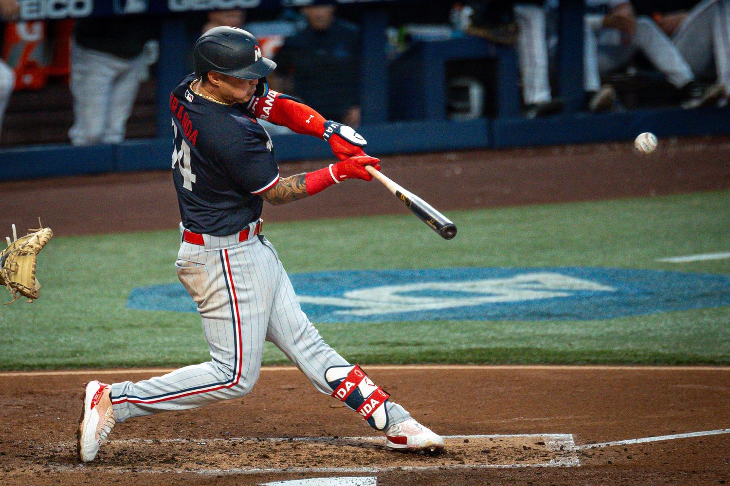 Minnesota Twins third baseman José Miranda at bat, showcasing his prowess at the plate.