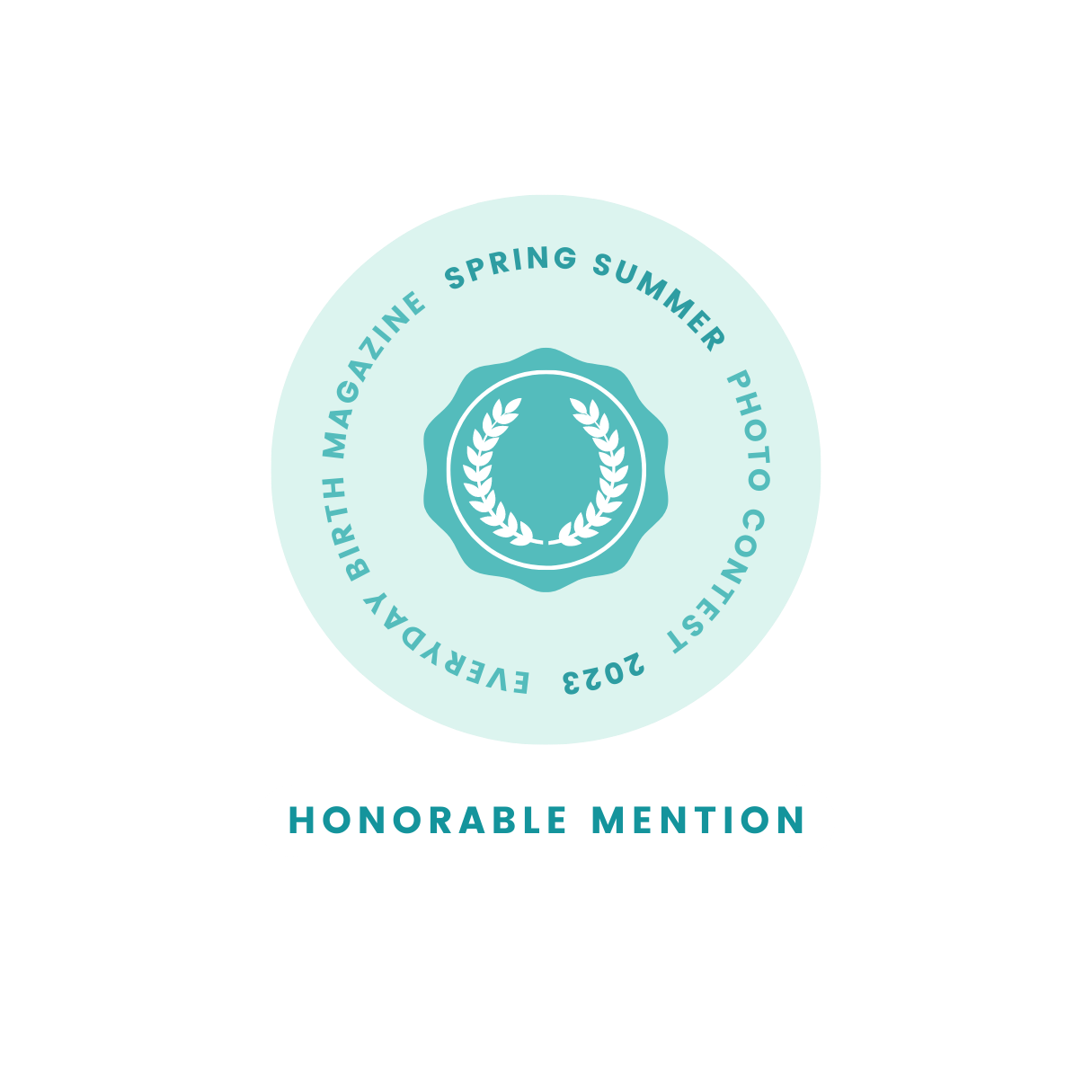 Honorable mention badge in teal with laurel wreath design.