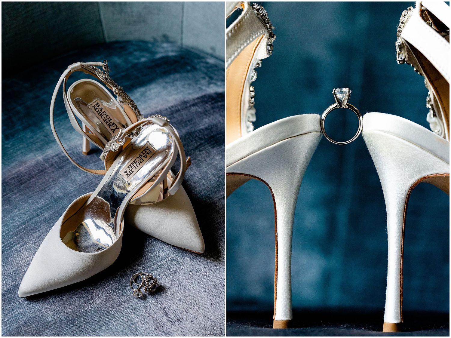 Elegant white wedding heels with sparkly details against a dark background.