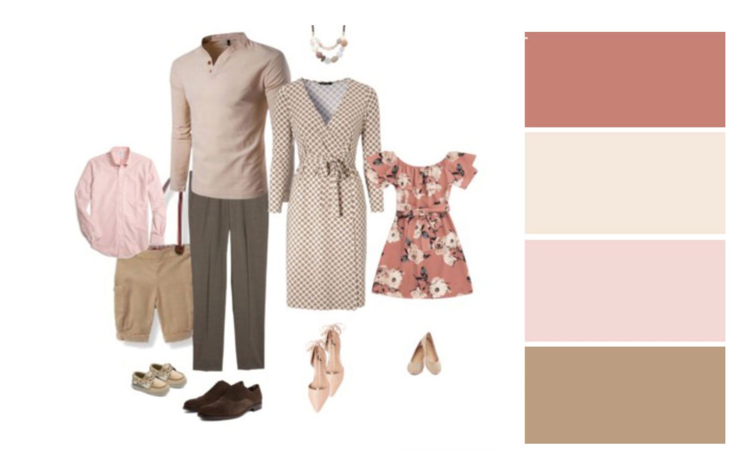 Coordinated family portrait outfits in blush pink and tan tones with floral accents.