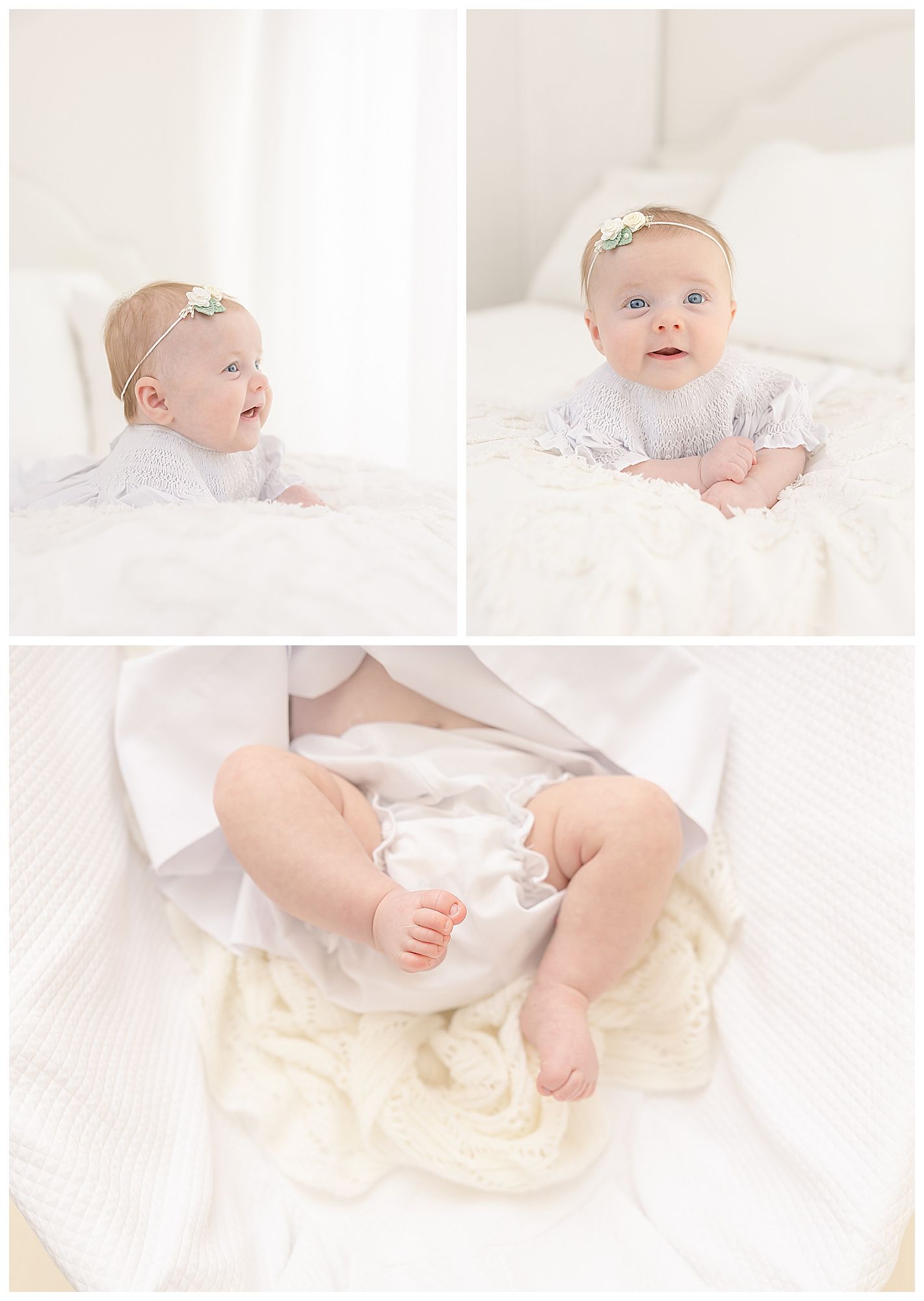 baby girl in white dress, light airy photographer chattanooga, studio photos, baby photographer near me, white diaper