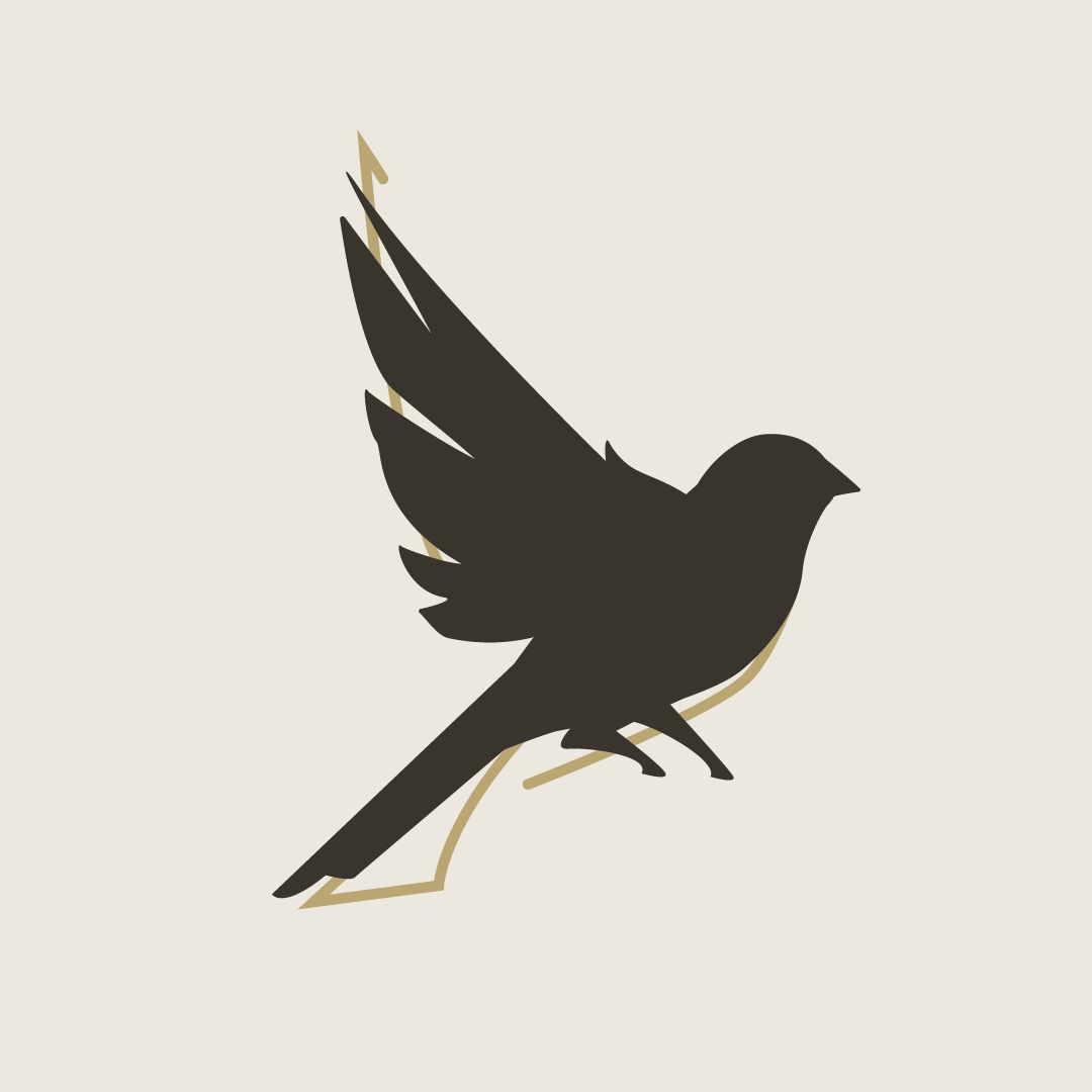 Minimalist dark bird silhouette logo design with gold accent lines on light beige background.