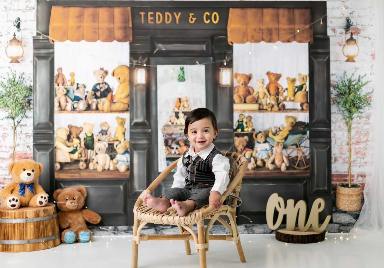 Teddy bear shop themed photography backdrop with vintage storefront design.