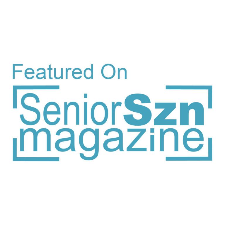 Blue and white text logo reading Featured On Senior Szn Magazine in a minimalist rectangular design.