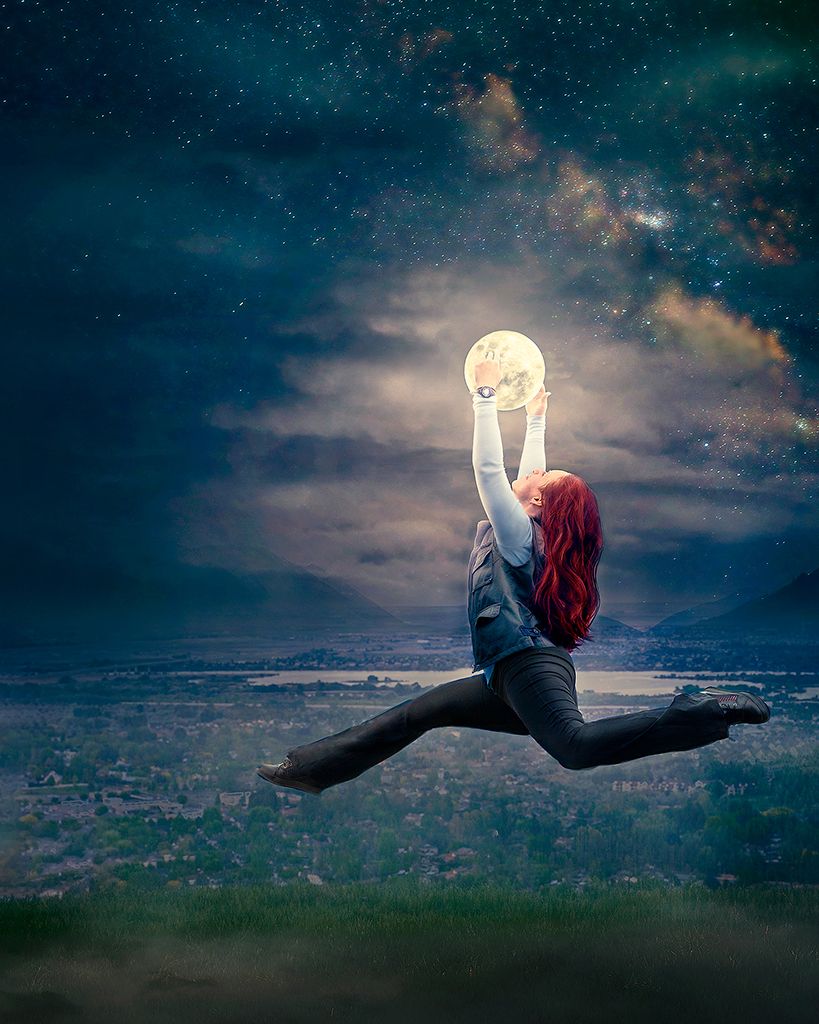 red head jumping to catch the moon under a starry night