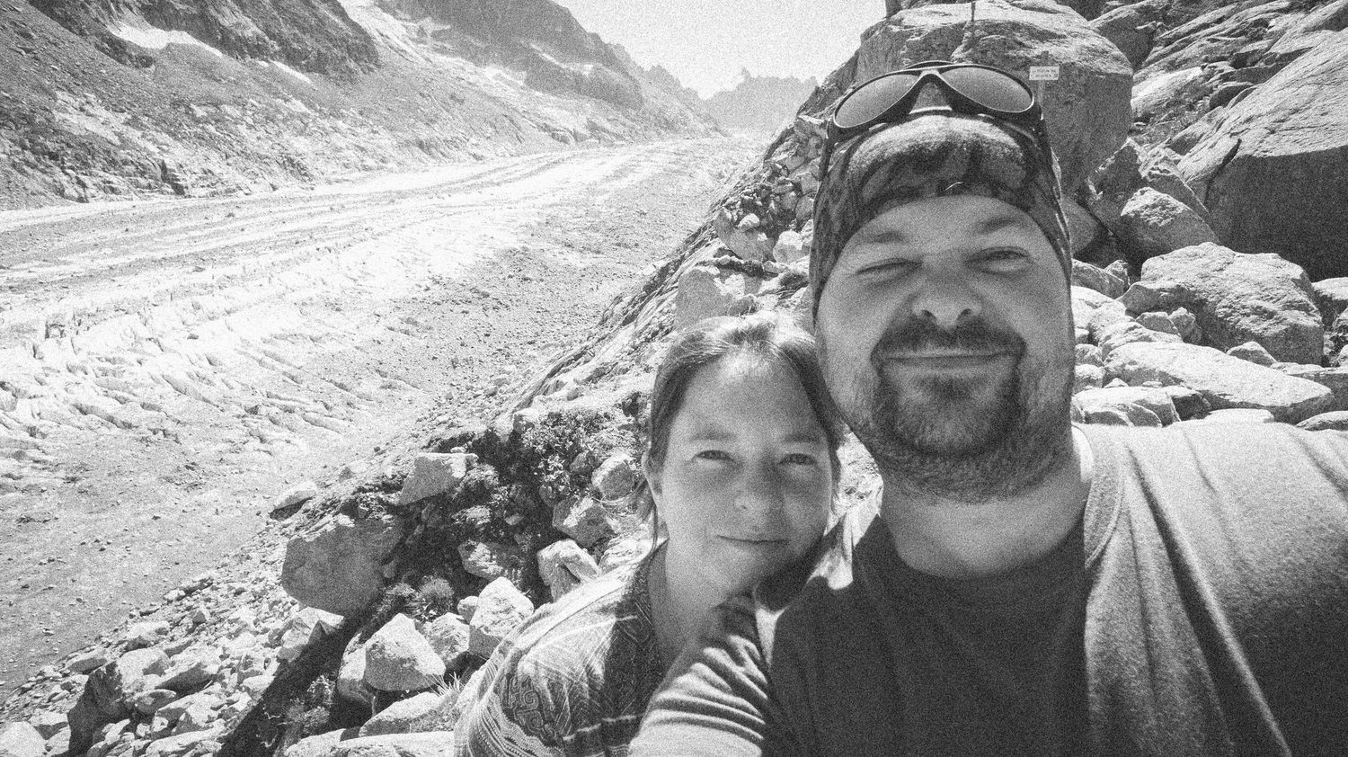 couple selfie above glacier in French alps