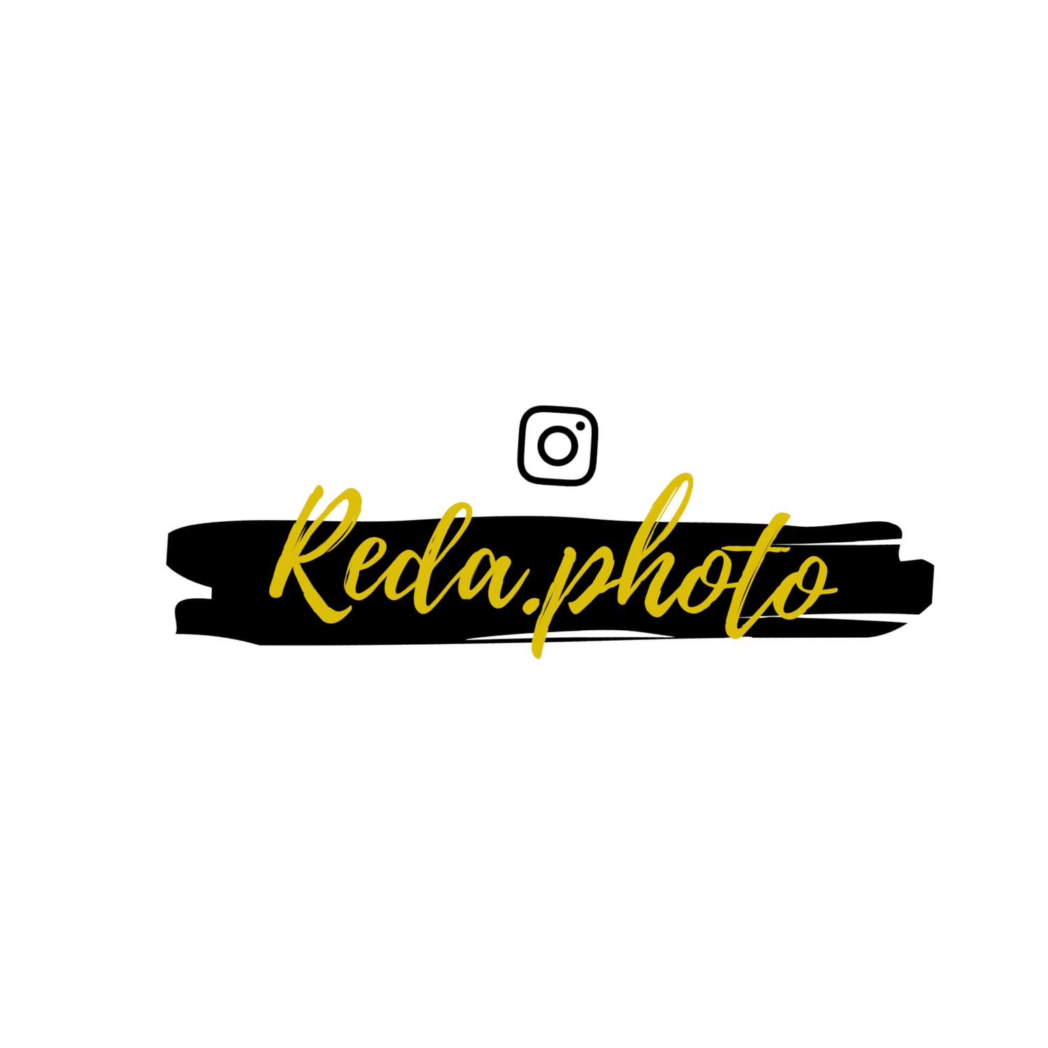 Reda.photo bold photography logo featuring gold cursive text on a black brush stroke with Instagram icon.