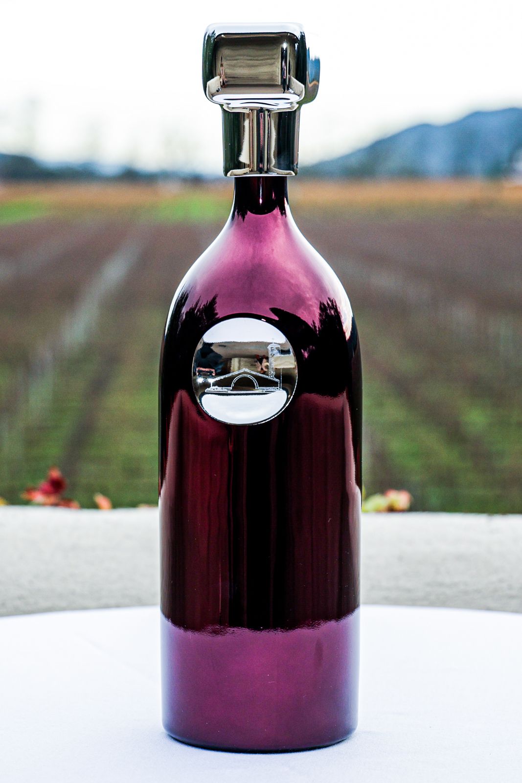 Purple wine bottle with reflective stopper photographed in vineyard setting.