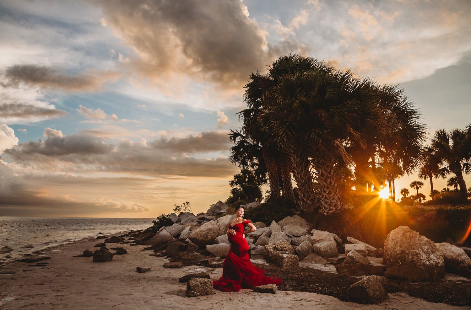 Sunset coastal scene with rocky shoreline and silhouetted palm trees.