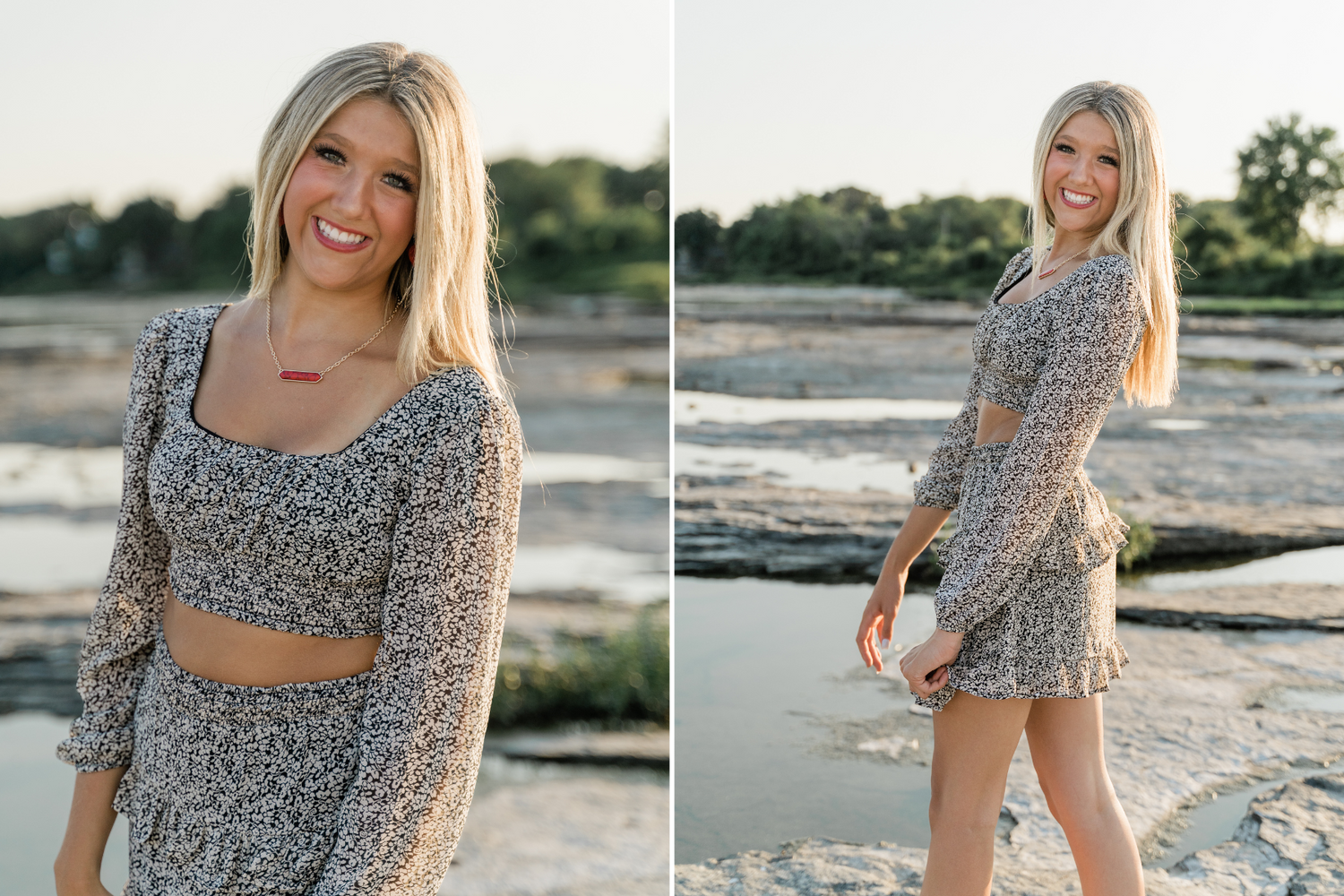 Springfield High School senior sitting near the water in bold patterned outfit and red heels at golden hour.
