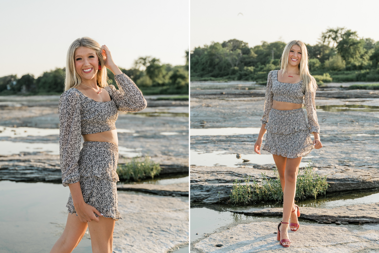 Springfield High School senior girl in flowy patterned top and necklace, standing confidently near the riverside in Maumee.