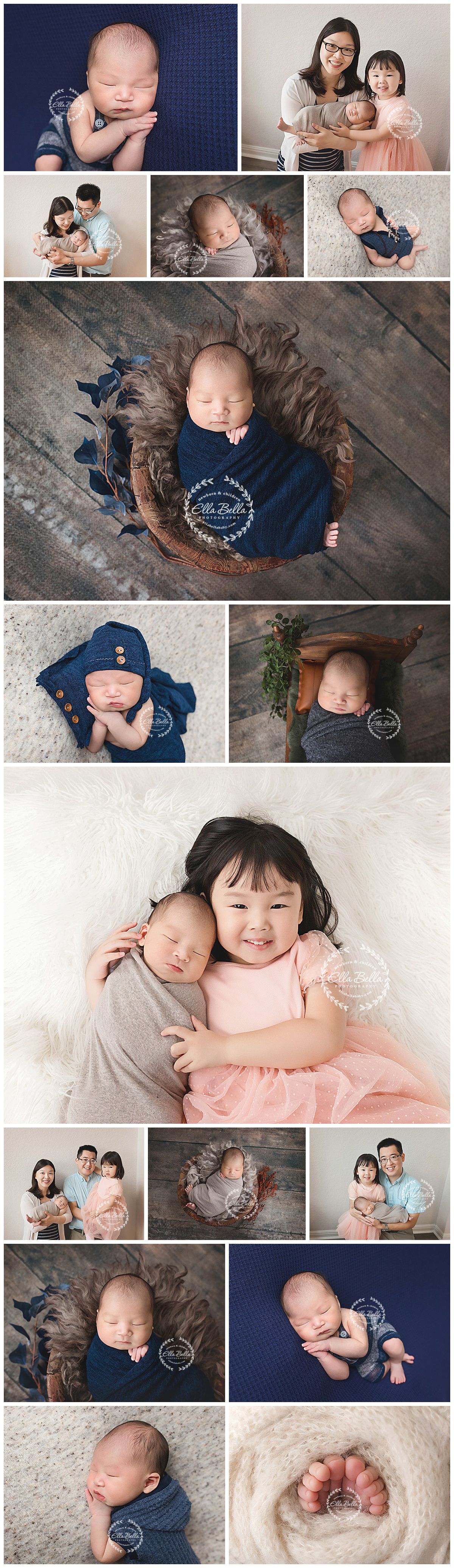 Professional newborn photography session featuring various poses with family in navy blue and neutral tones.