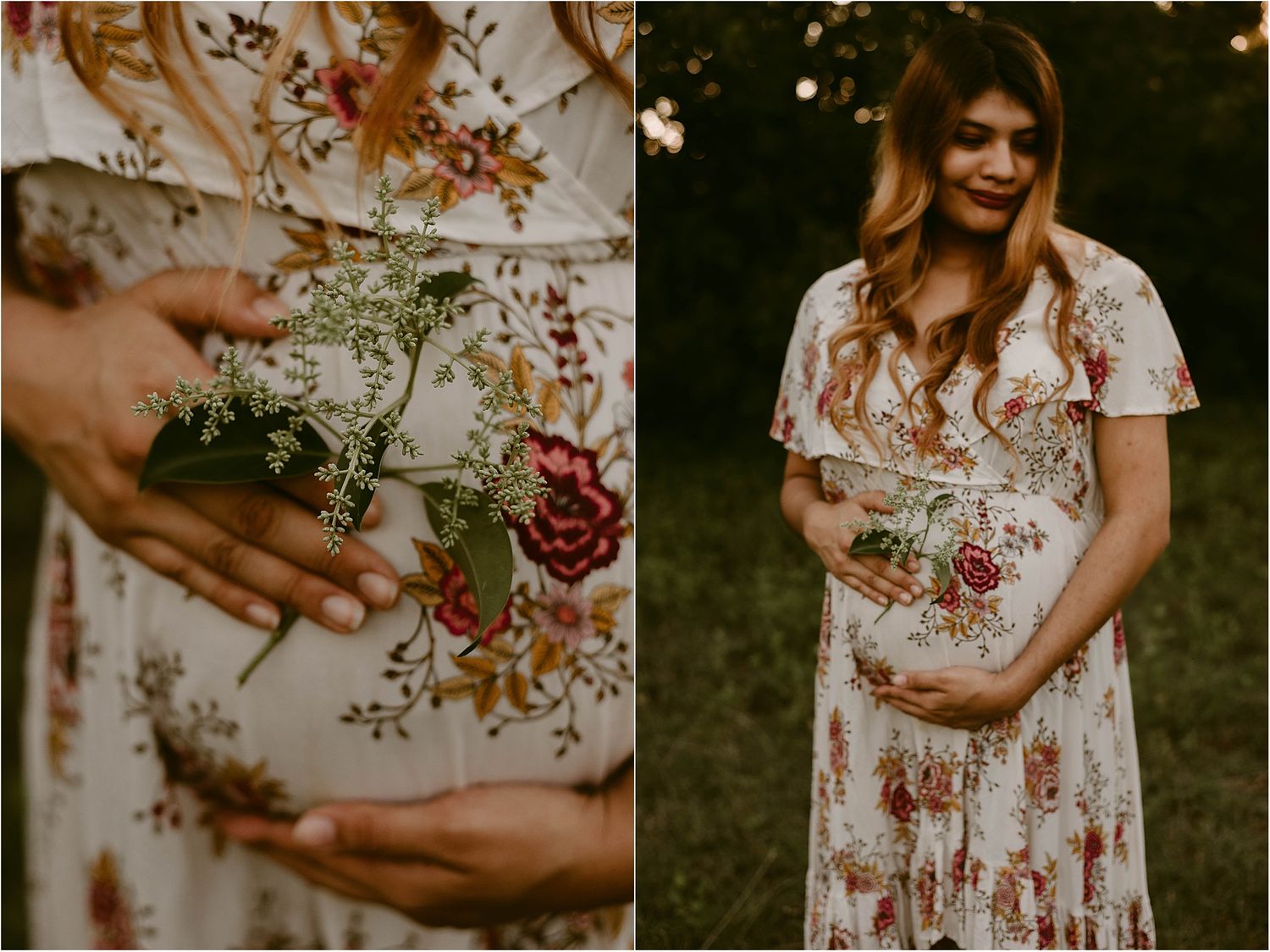 Split photo showing floral dress detail and maternity pose in golden evening light.