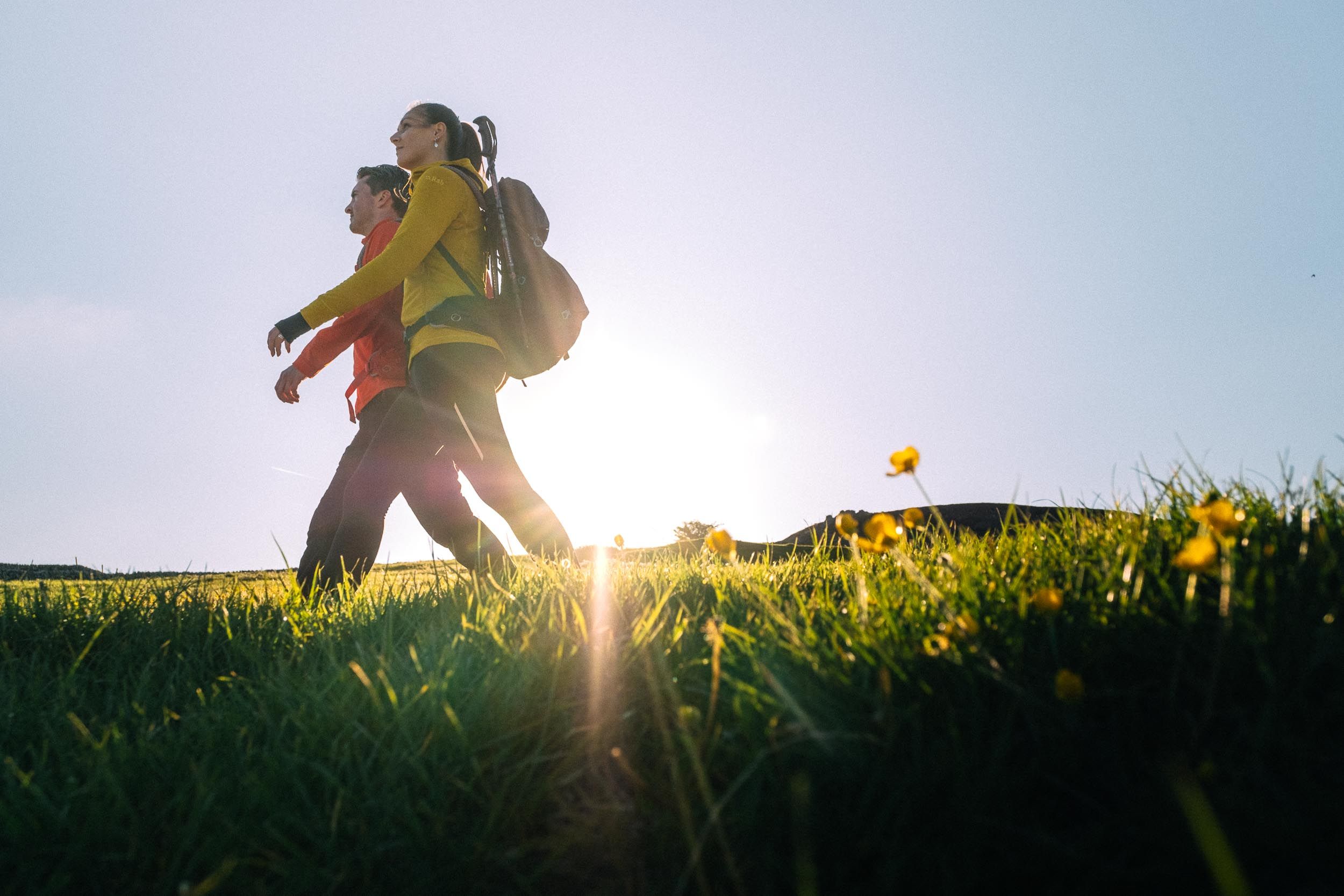 Silhouette of a runner moving through a sunlit meadow at golden hour with tall grass in the foreground.