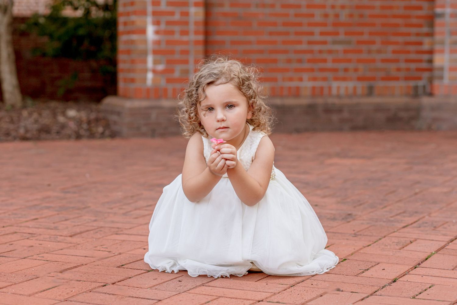 A curly-haired toddler girl in a white dress crouches on red brick pavement holding a small flower.
