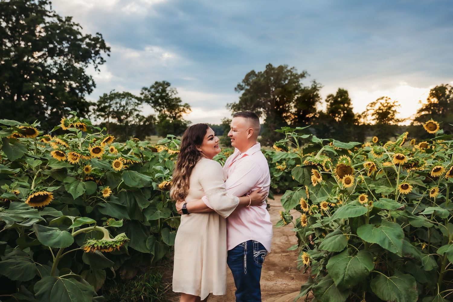 A romantic couple shares a tender moment in a sunflower field at sunset.