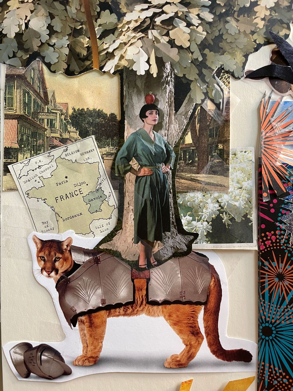 Surreal collage featuring fox, vintage map, and fashion elements.