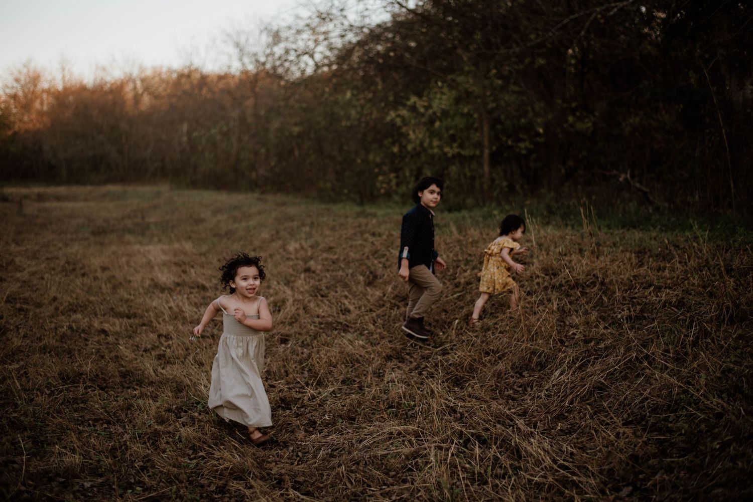 Family running and playing in a field during golden hour photography session.