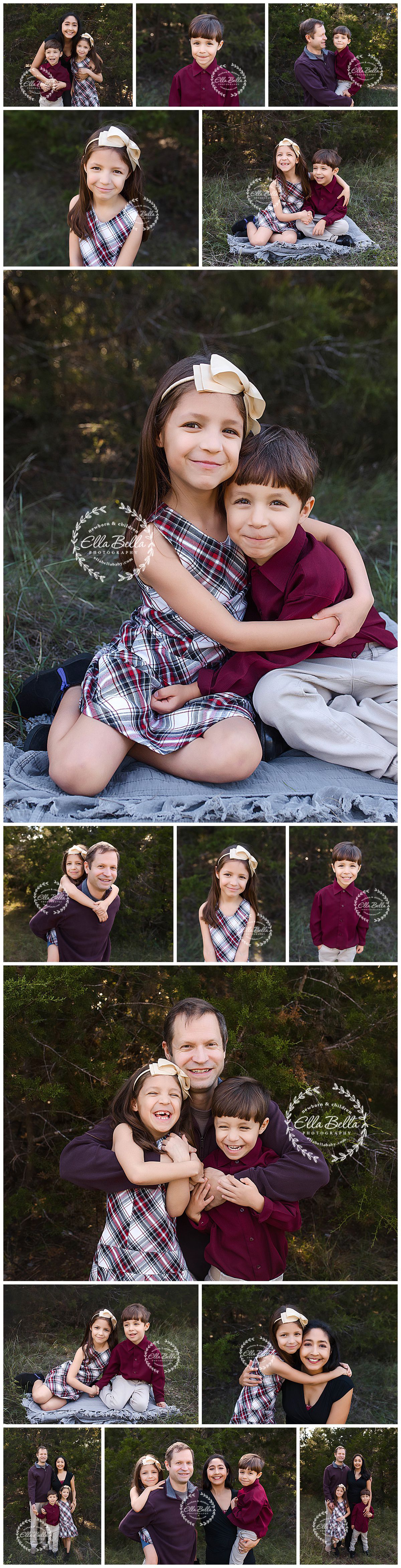 Collection of outdoor family portraits featuring coordinated burgundy and plaid outfits.