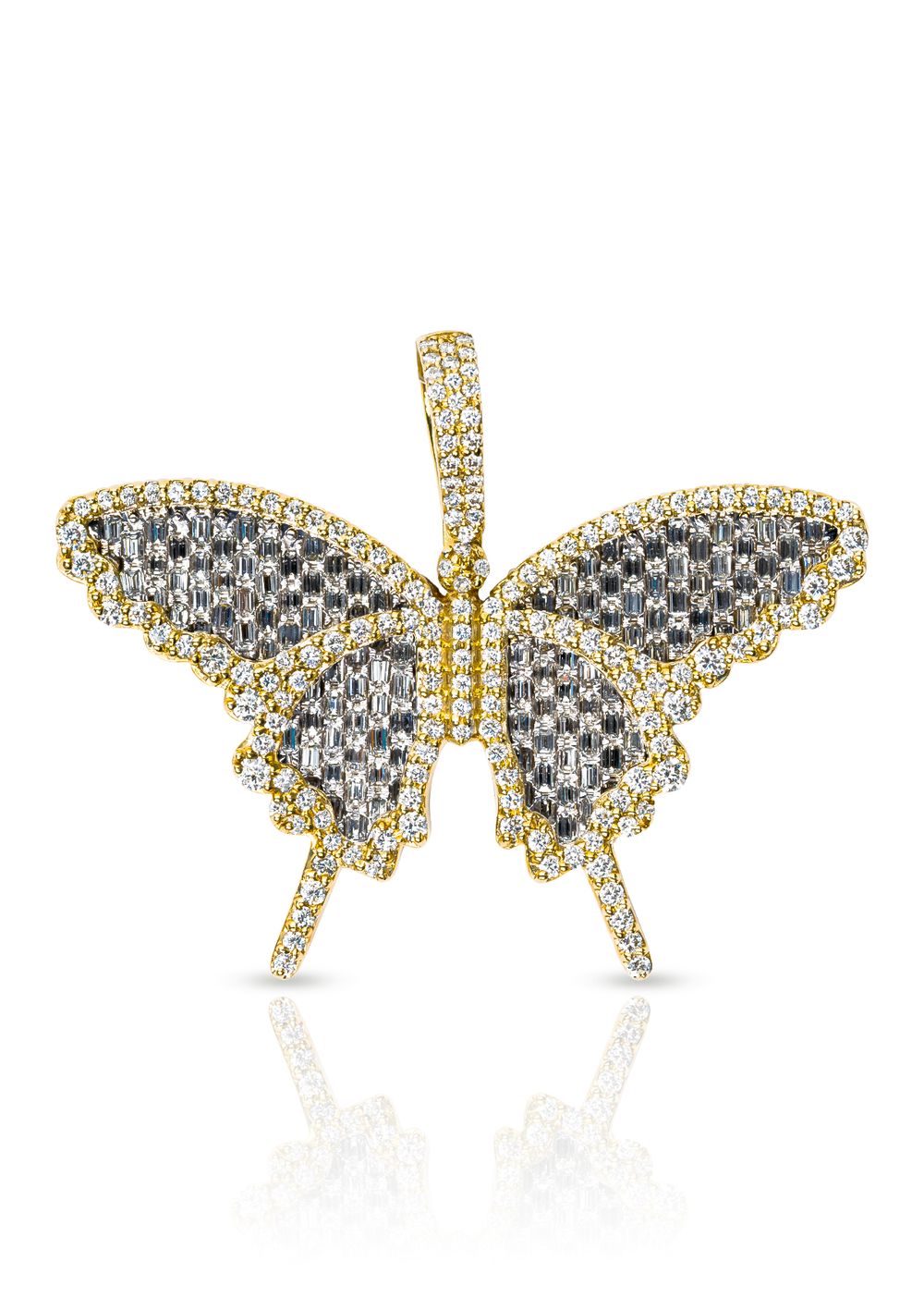 Luxurious butterfly pendant covered in diamonds with gold trim on white background.