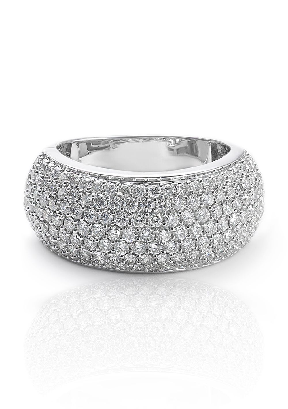Elegant pave diamond band ring in white gold setting photographed on white background.