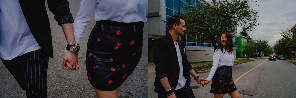 Two artistic engagement photo compositions showing a couple in casual urban attire.