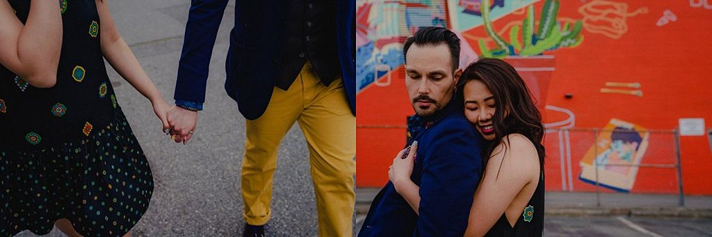 Collection of intimate moments between couple against colorful street art backgrounds.