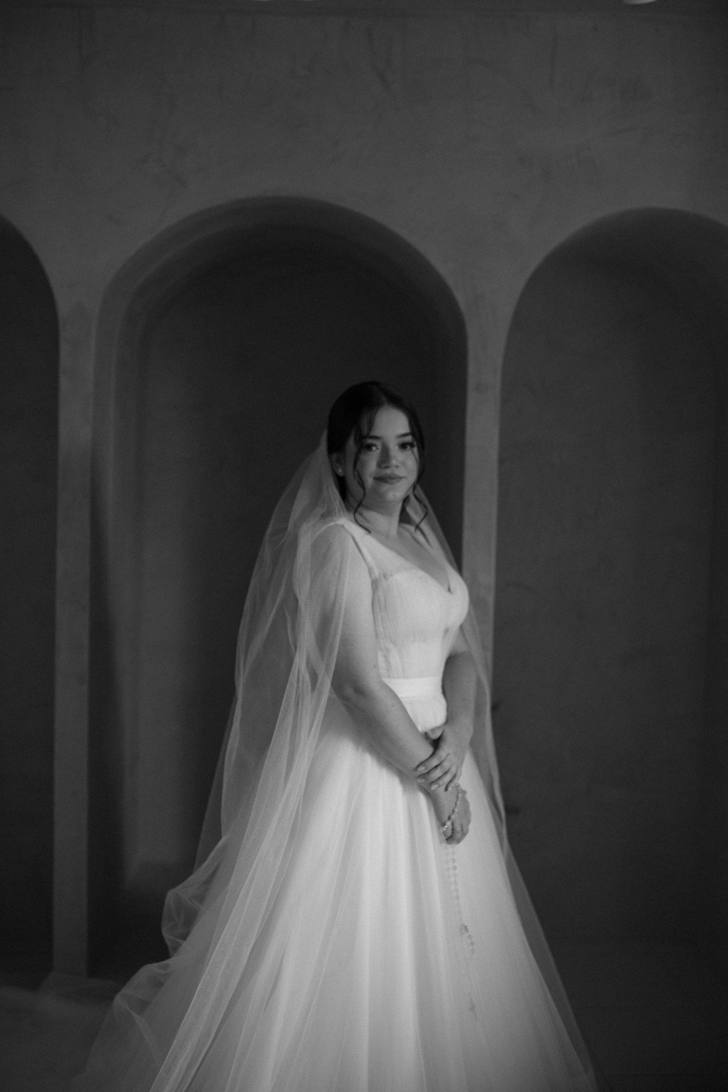 Black and white portrait of a bride standing in an arched alcove wearing a cathedral veil.