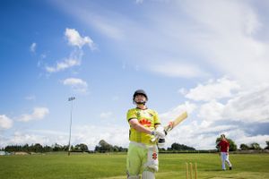 Cricket player in bright yellow uniform standing on sunny sports field.