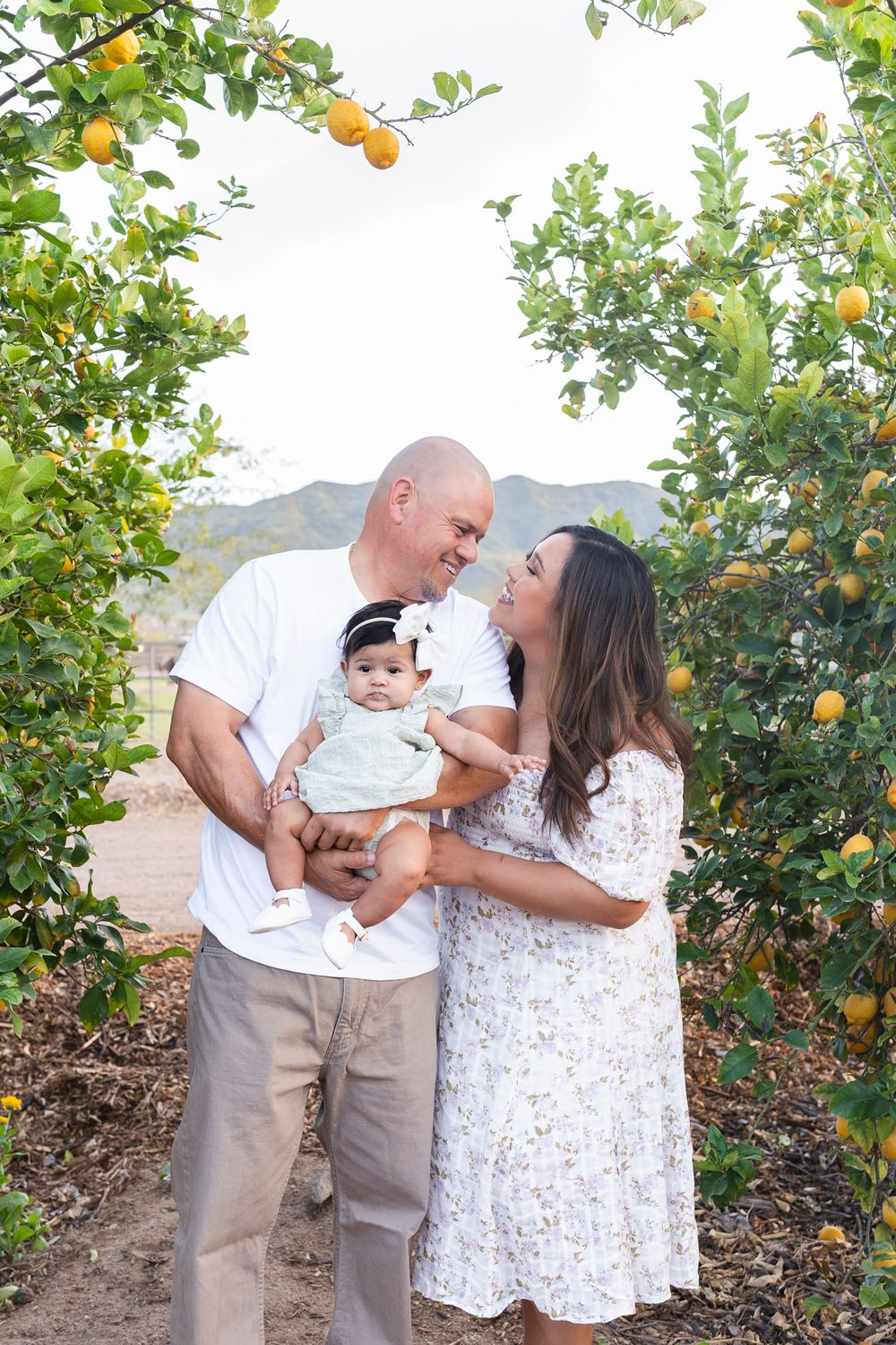 A family poses together in a citrus grove with ripe oranges hanging overhead.