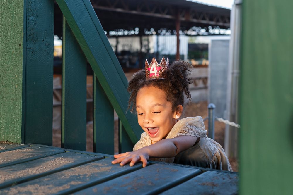 A playful moment on a green playground structure with a sparkling crown and happy expression.