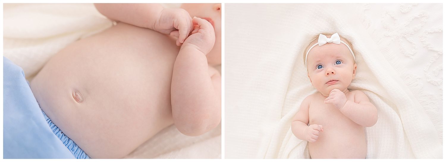 baby belly button, baby girl looking thoughtful, white blanket, newborn photographer chattanooga, baby photo session