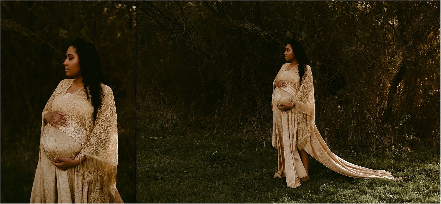 Diptych of romantic maternity portraits in cream dress with trailing lace shawl.