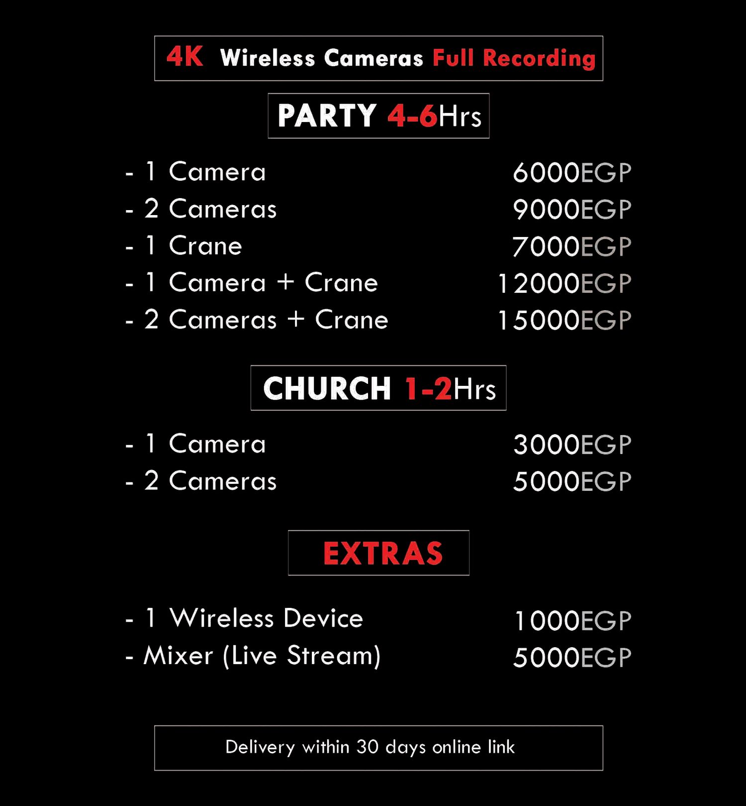 Black pricing chart displaying 4K camera packages for party and church events with wireless recording options.