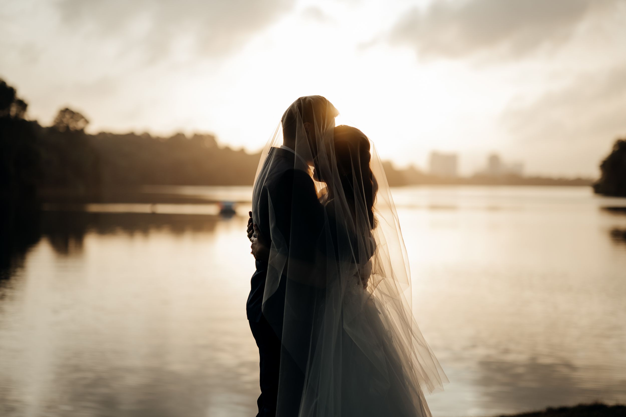 Wide dramatic shot of couple in Upper Pierce Reservoir