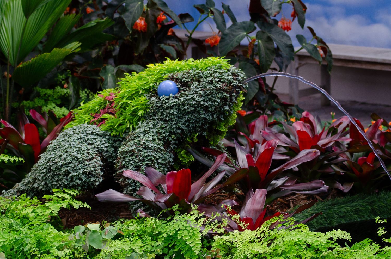 Garden display featuring plants arranged to create a parrot-shaped topiary with colorful foliage.
