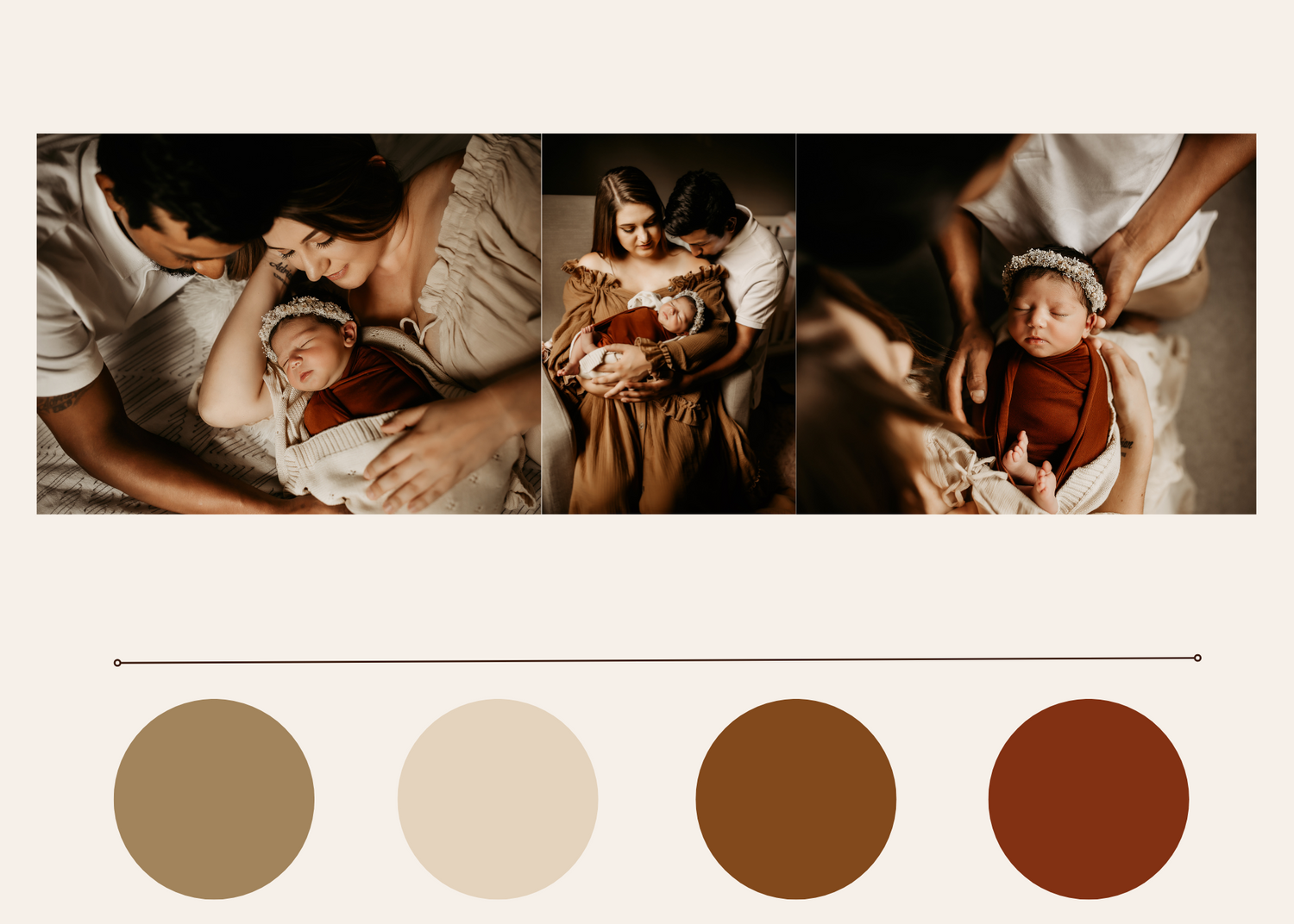 A color palette display with newborn session images wearing the colors displayed.