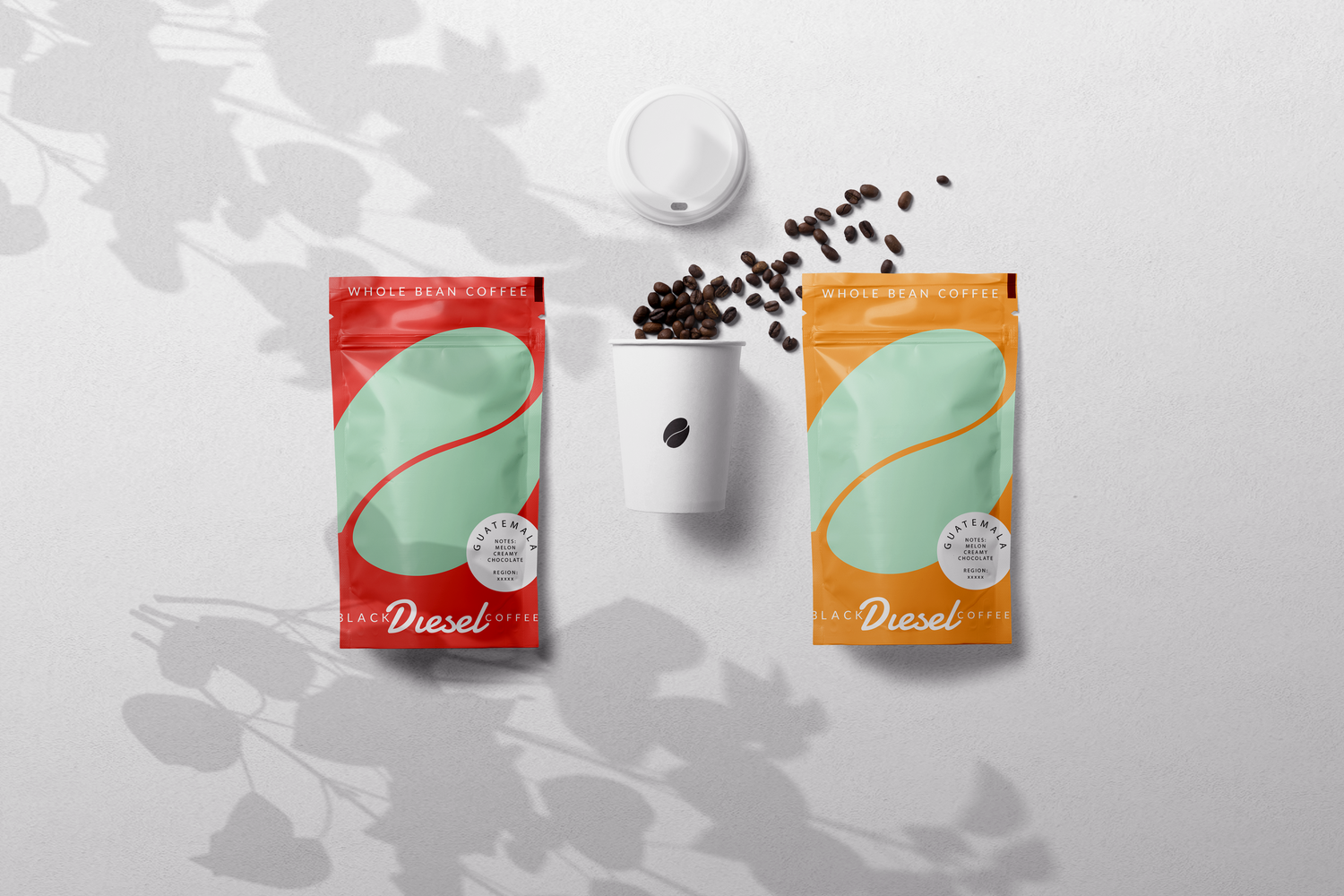 Coffee bag product packaging mockups in pastel colors on light gray background.