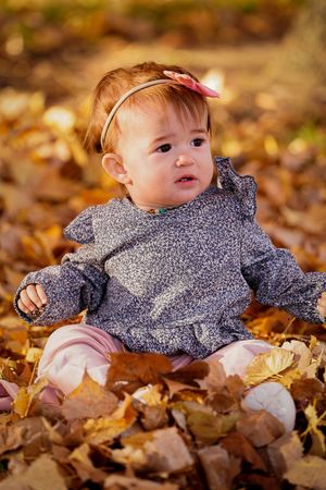 Small child wearing a gray sweater sits among fallen autumn leaves in an outdoor setting.