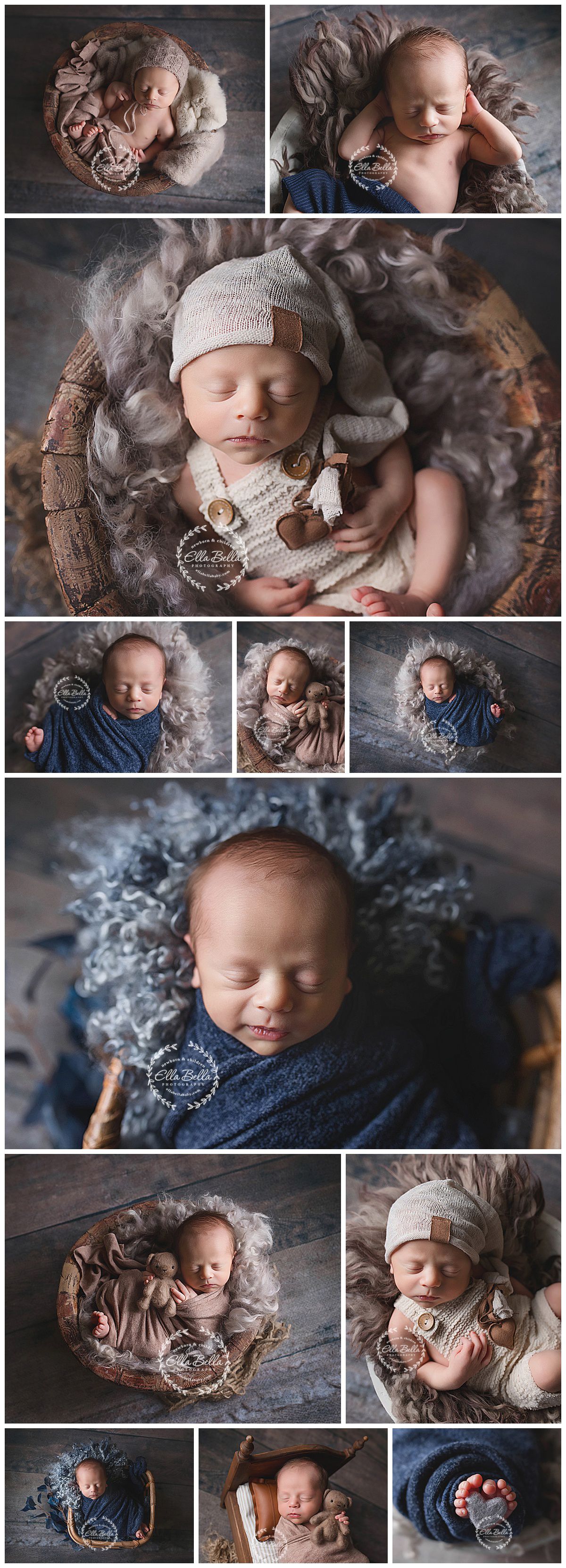Professional newborn photography collage with baby in various poses and outfits on textured backgrounds.