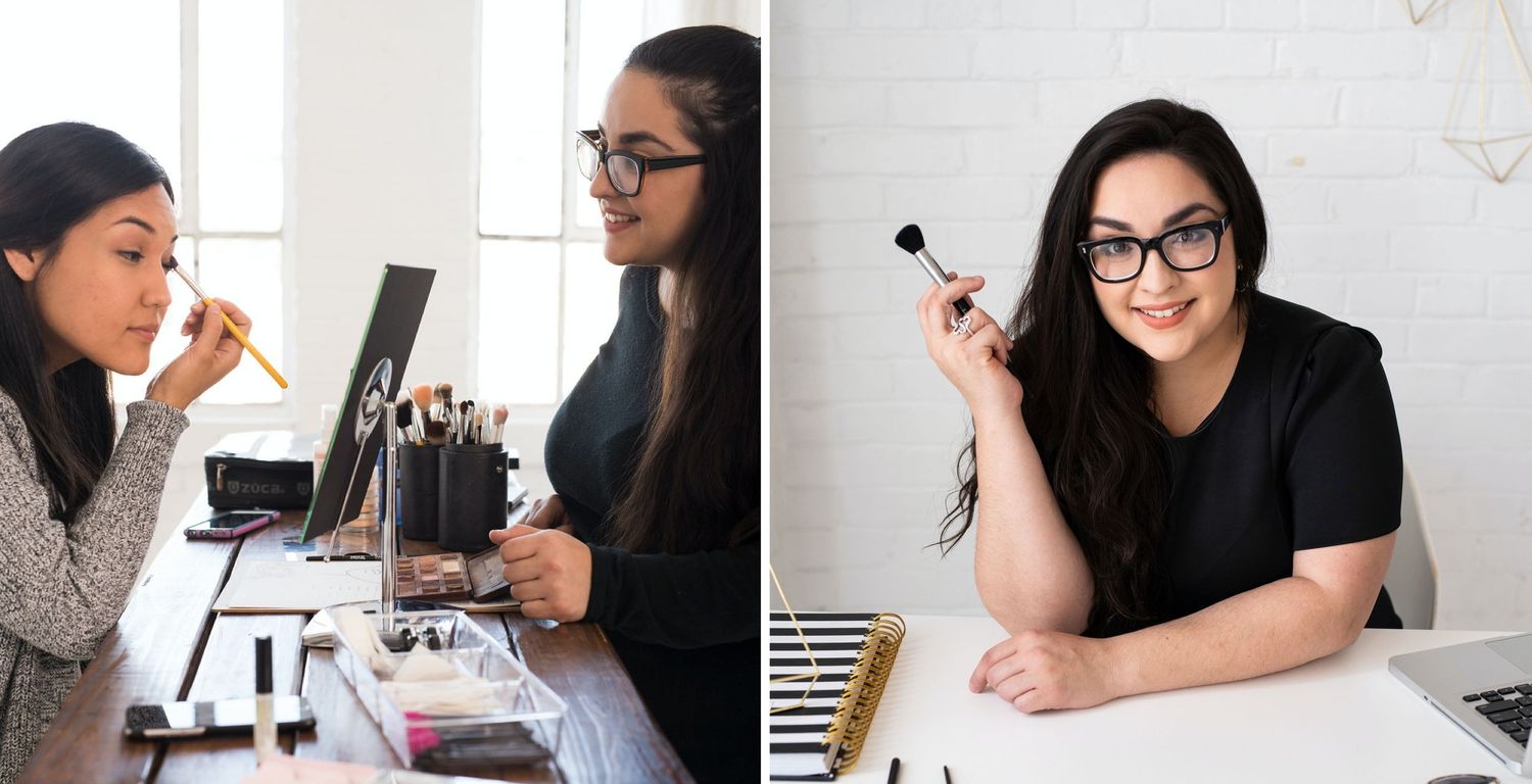 Two contrasting images showing makeup application and beauty product demonstration.