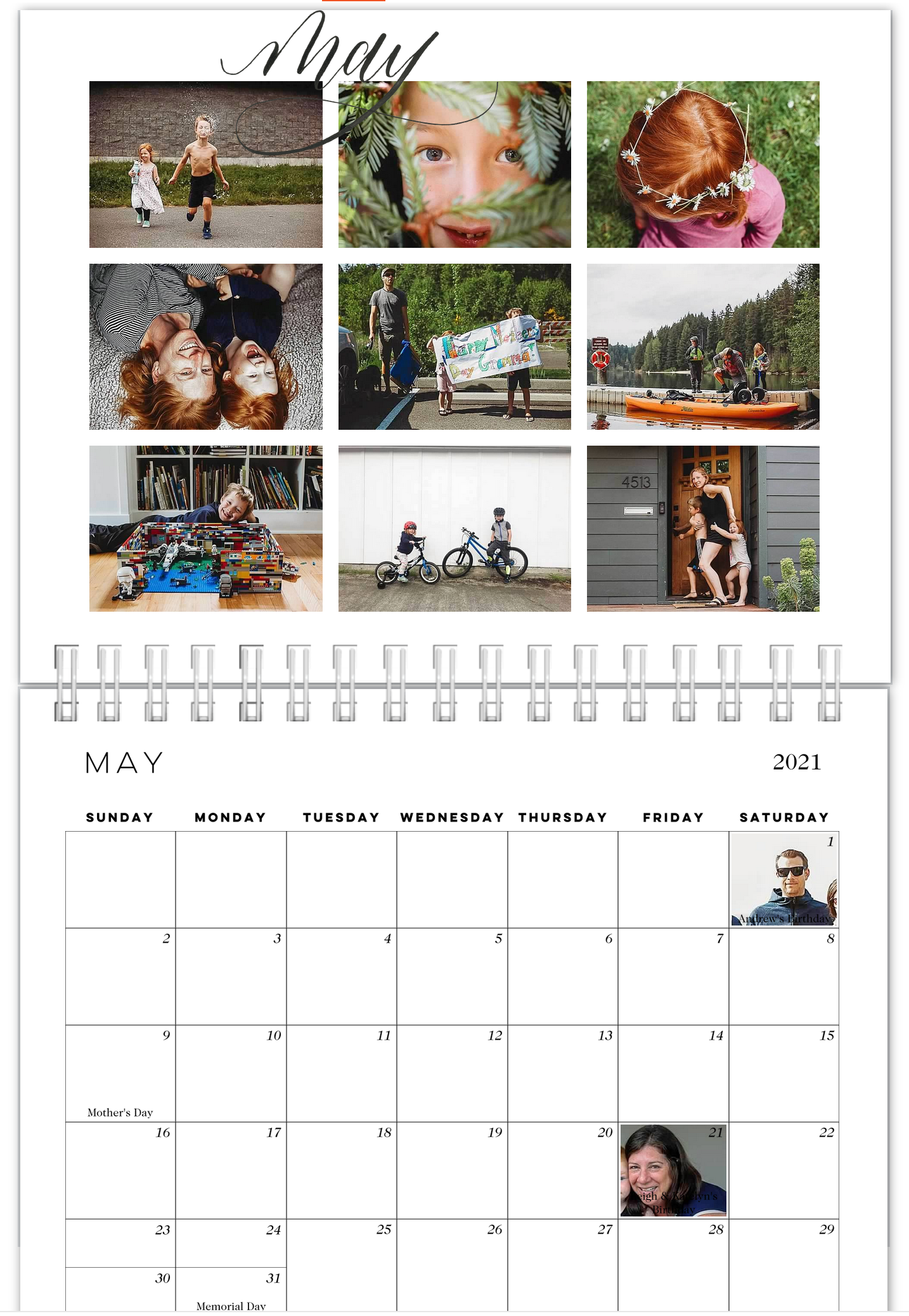 Custom photo calendar for May 2021 featuring outdoor lifestyle images and activities.