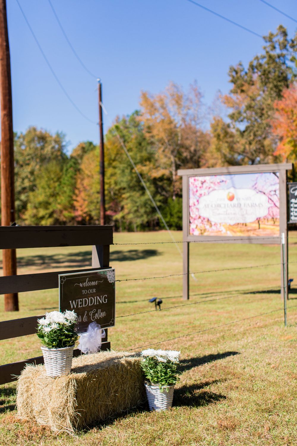 Rustic wedding welcome display with hay bales, potted flowers and signage in an autumn field setting.