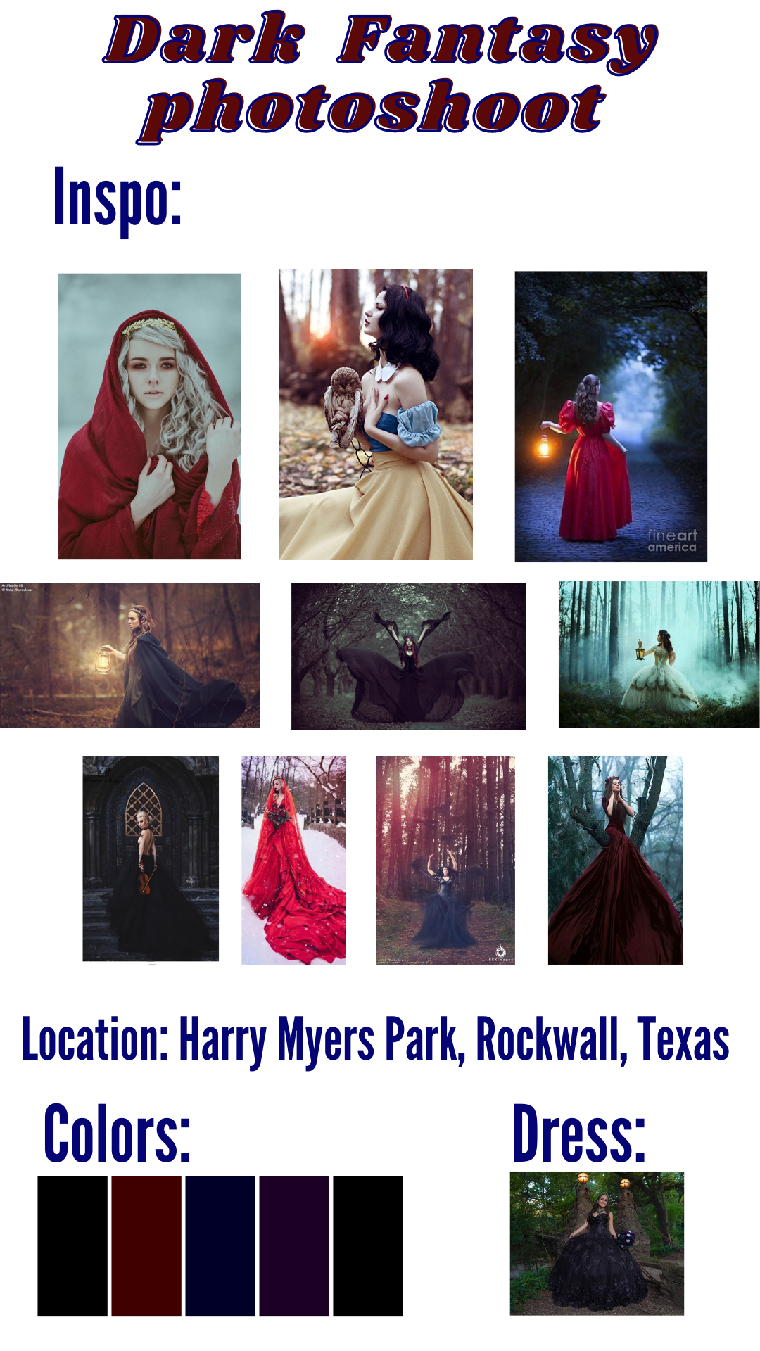 Dark fantasy photo shoot mood board with deep reds and moody forest settings.