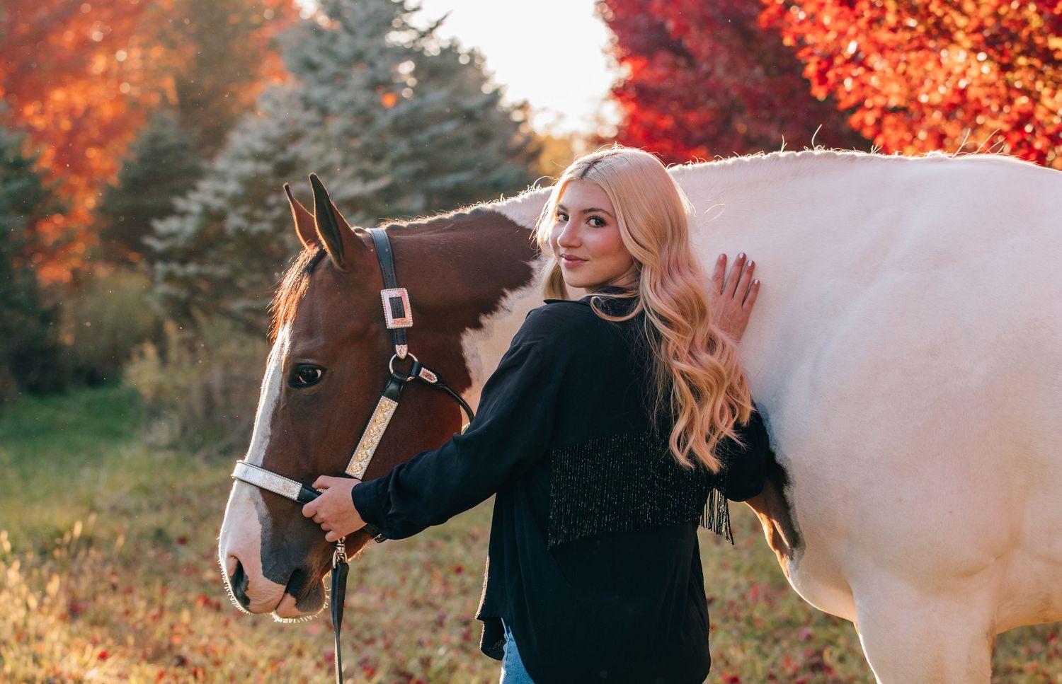 Senior posed with horse in golden hour with fall leaves