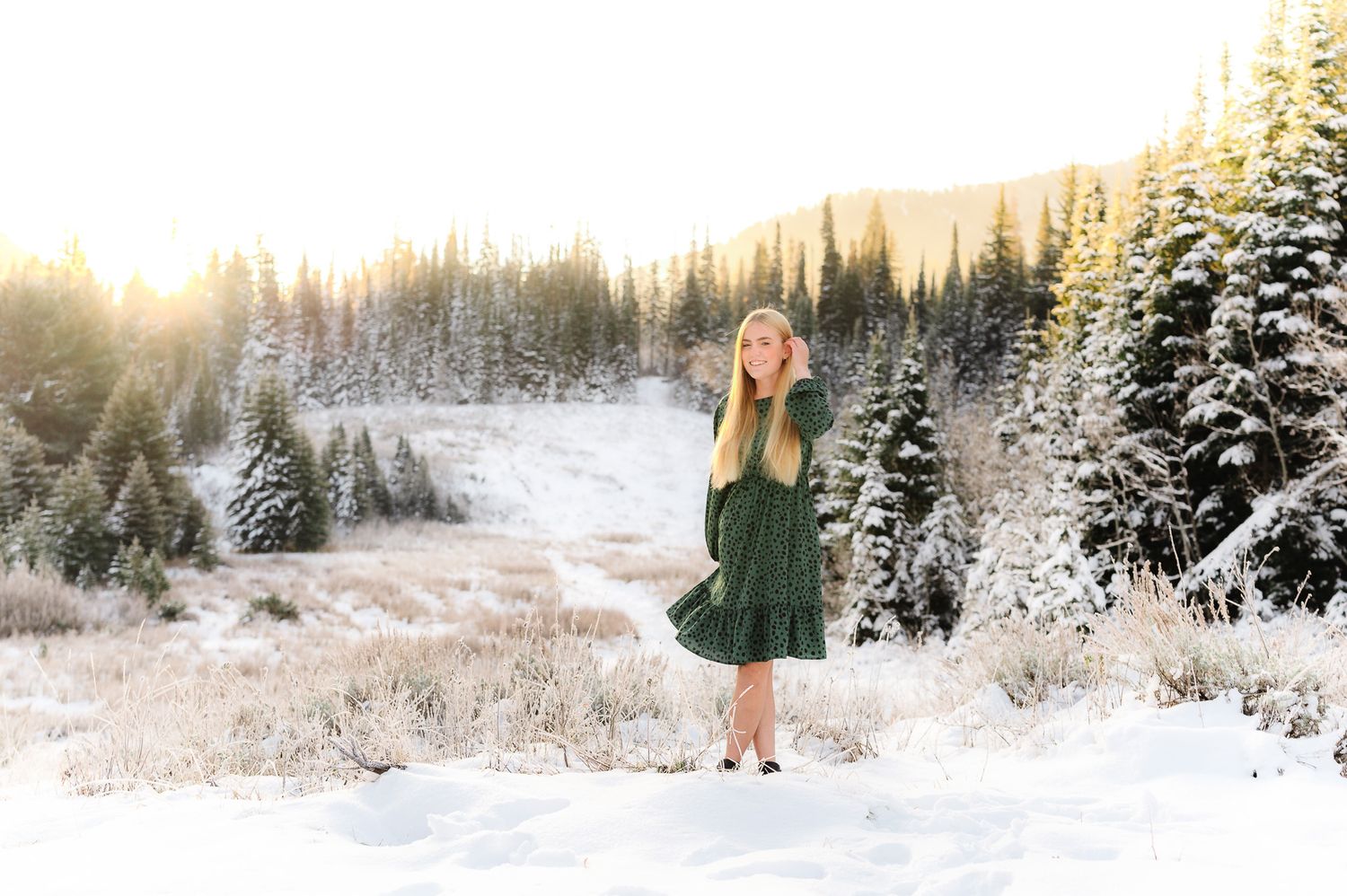 A woman in a flowing green dress stands in a snowy mountain landscape at golden hour.