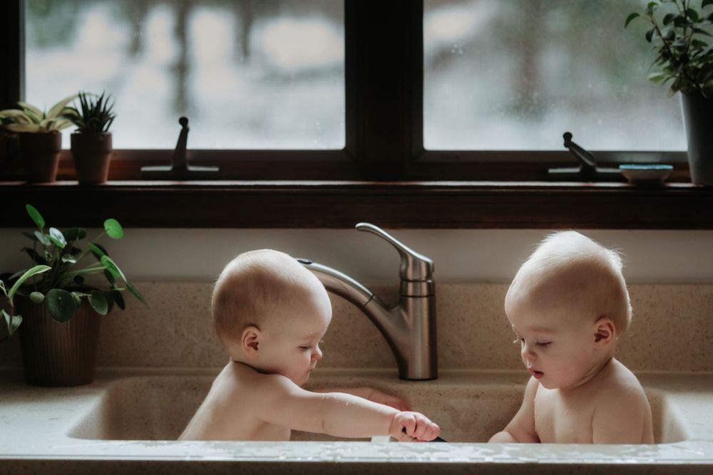 Two babies playing together in kitchen sink with plants on windowsill.