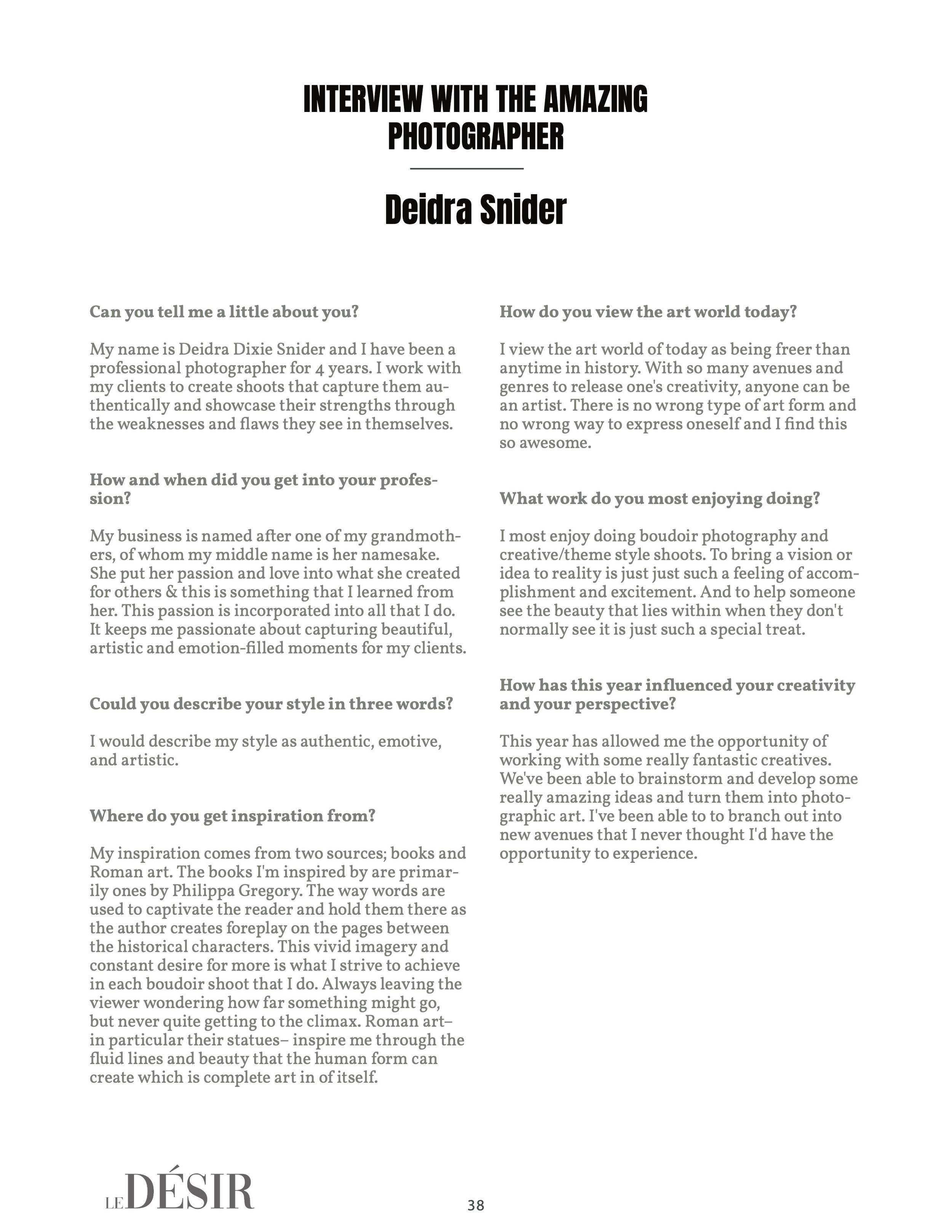 Interview page featuring photographer Deidra Snider discussing her artistic style and creative process in Le Desir magazine.
