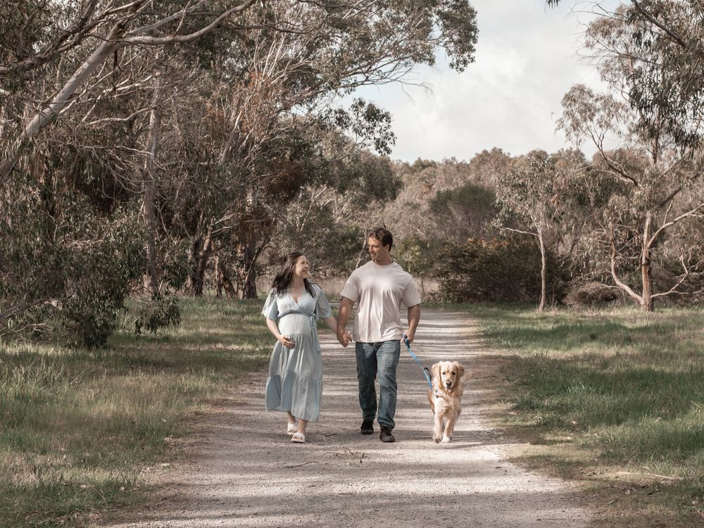 A couple walks their dog down a scenic dirt path surrounded by eucalyptus trees on a sunny afternoon.