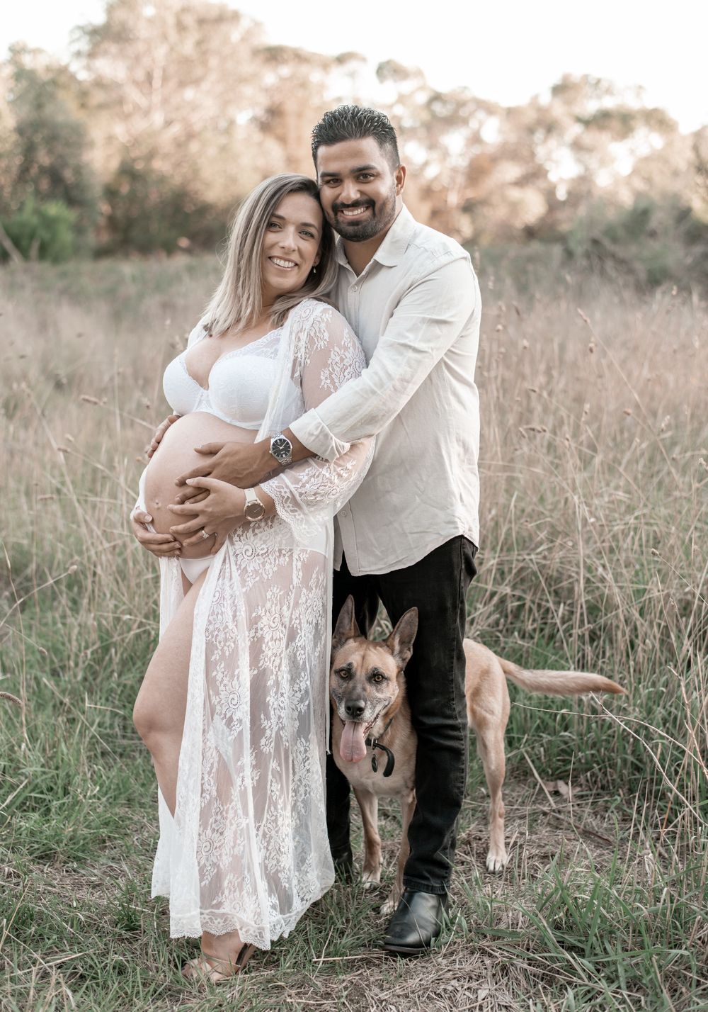 Pregnant couple posing with their German Shepherd dog in a golden grass field during a maternity photoshoot.